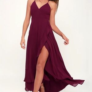 Lulu's In Love Forever Burgundy Lace Up High Low Maxi Dress Size Small